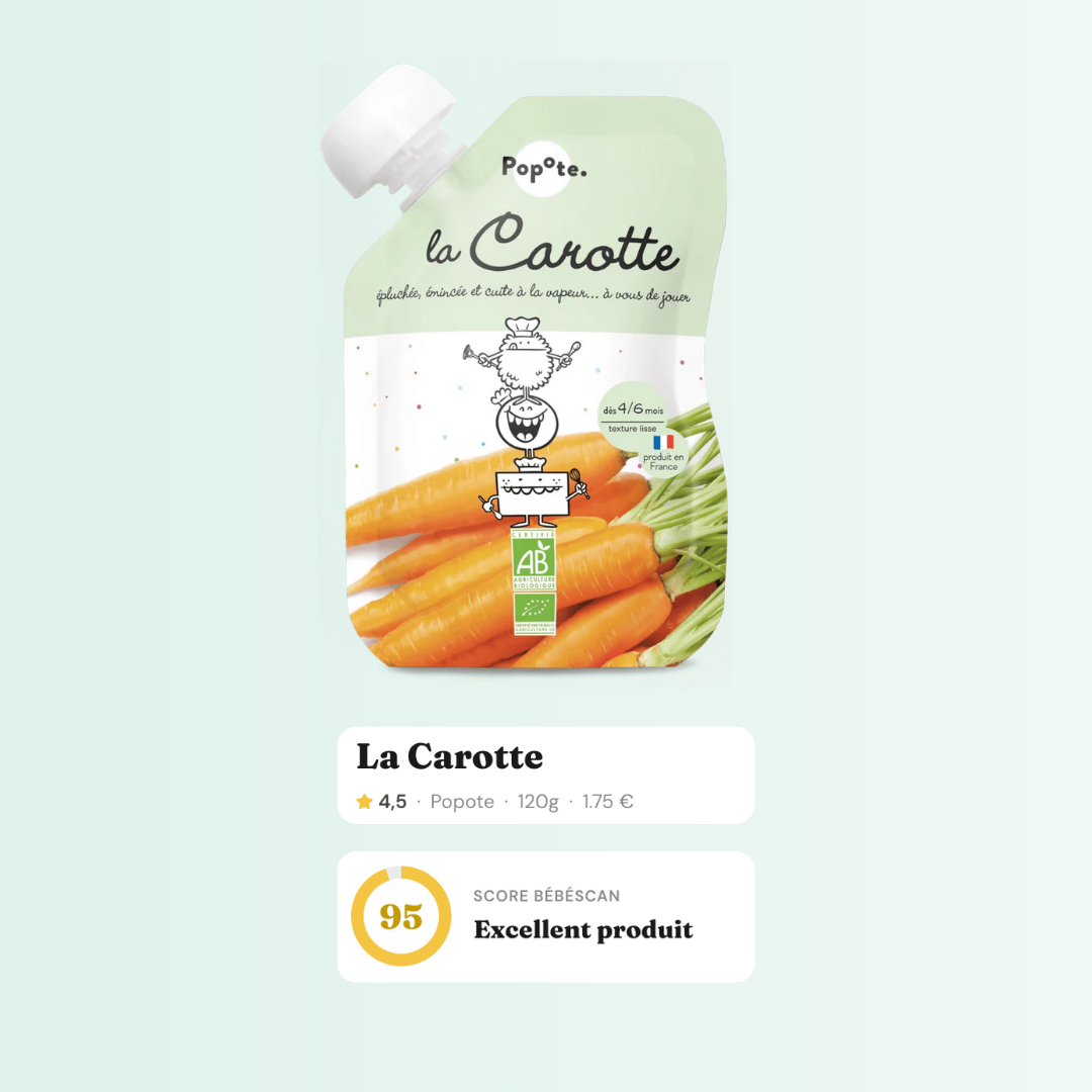 Fiche produit Popote Les Petits pois dans l'app BébéScan : score 100, Excellent produit.