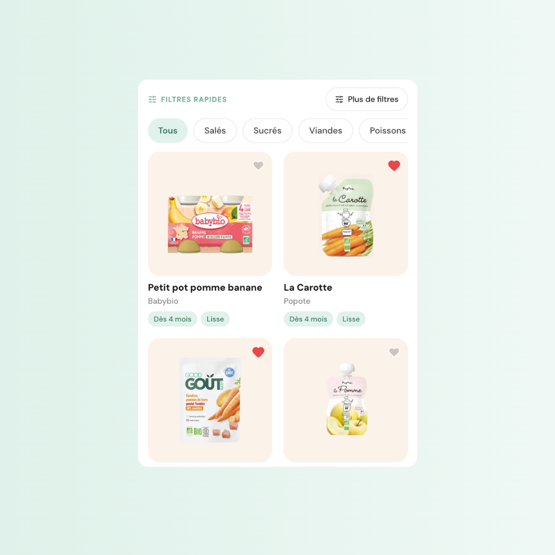 Liste de petits pots filtrée par catégorie dans l'app BébéScan.