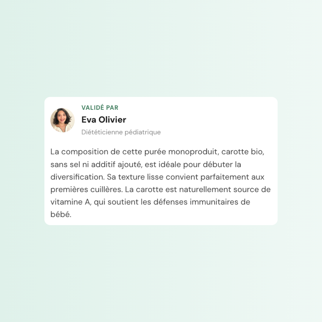 Validation par Eva Olivier, diététicienne pédiatrique, sur un petit pot.