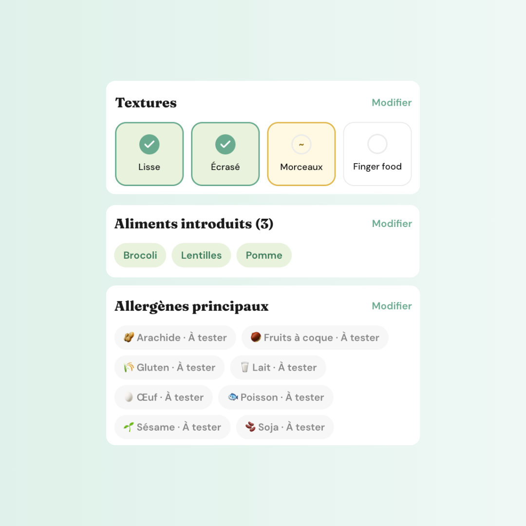 Suivi de la diversification : textures, aliments introduits et allergènes dans l'app BébéScan.