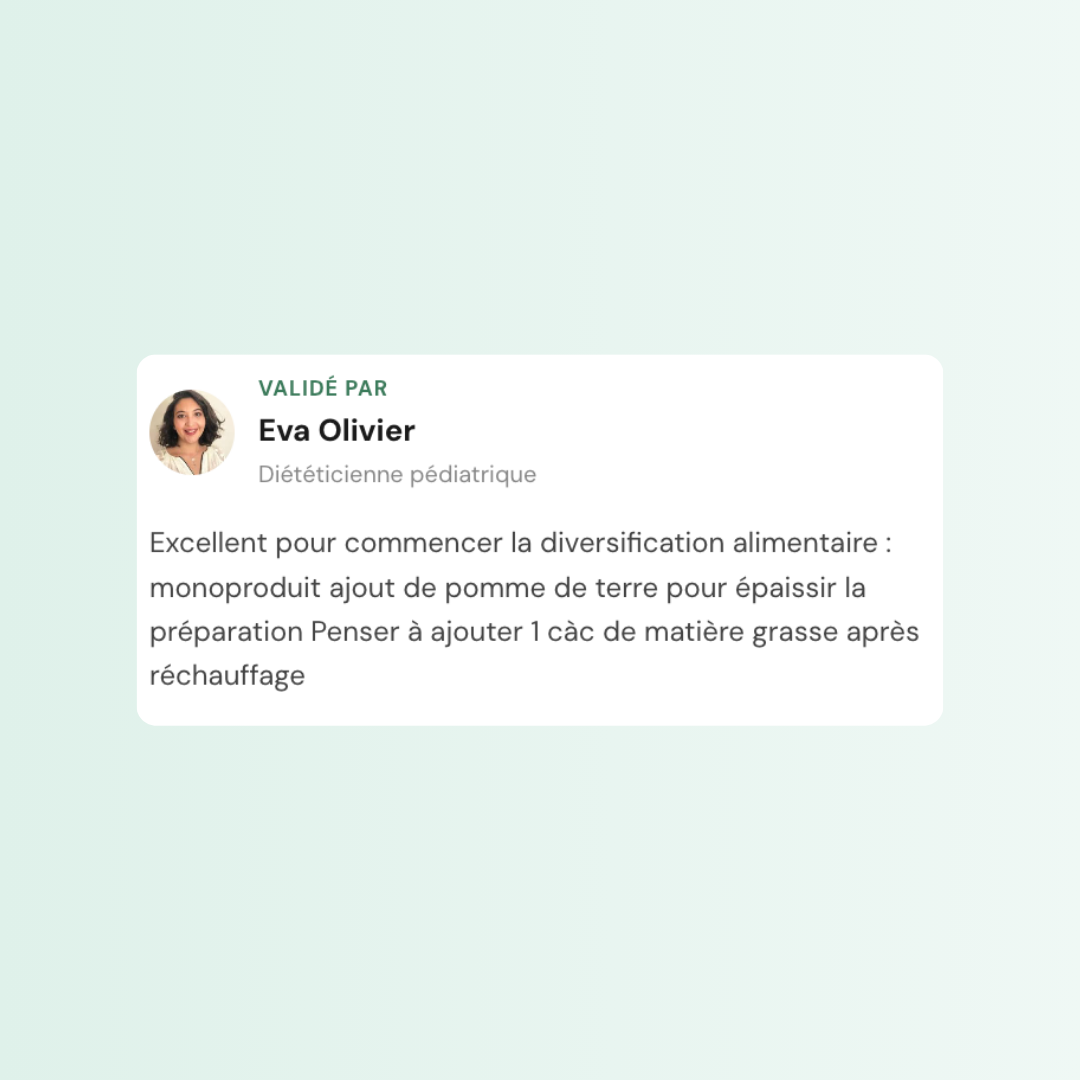 Validation par Eva Olivier, diététicienne pédiatrique, dans l'app BébéScan.